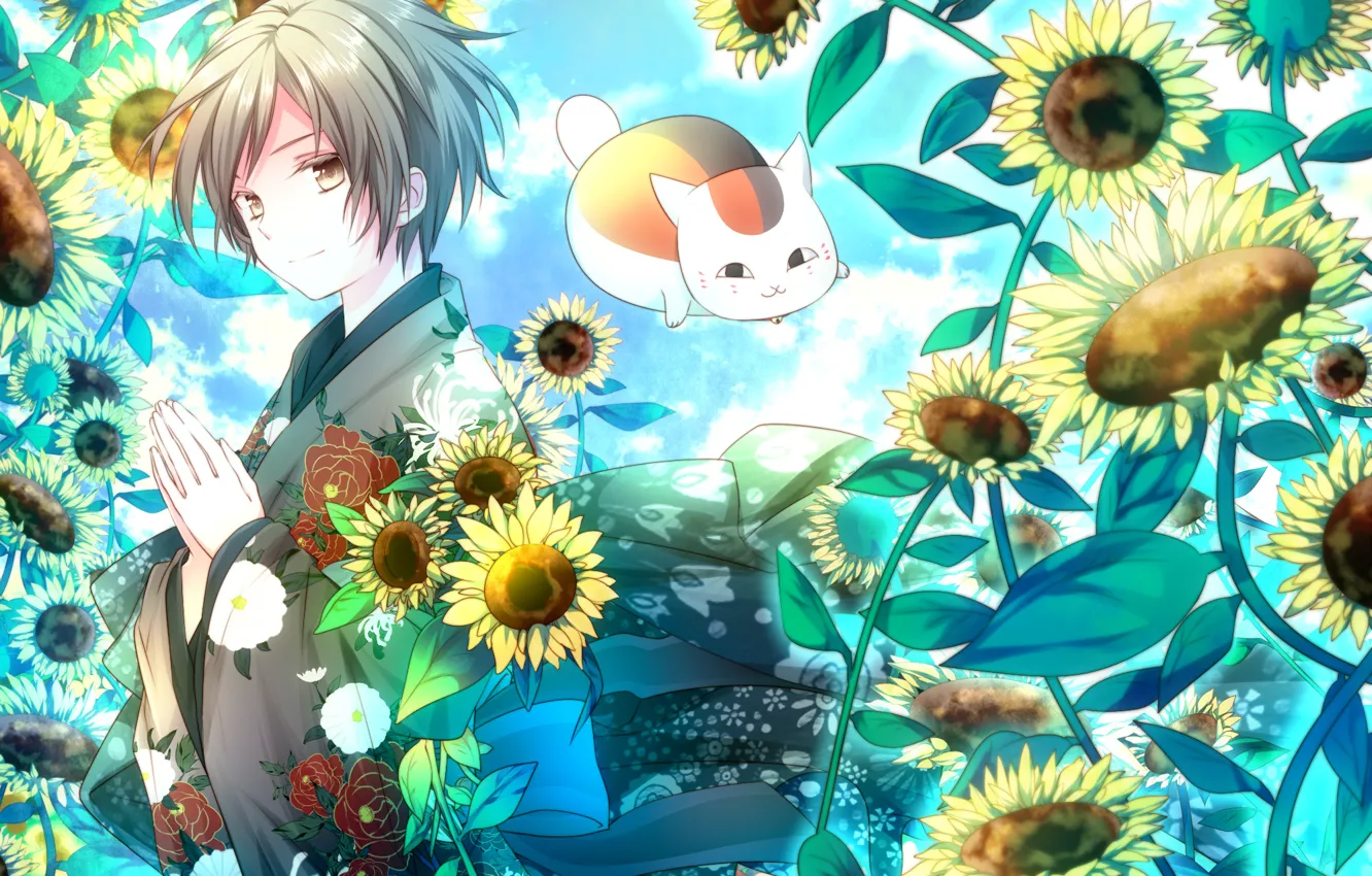 Photo wallpaper flowers, art, guy, natsume yuujinchou, Natsume, Miyako Sensei