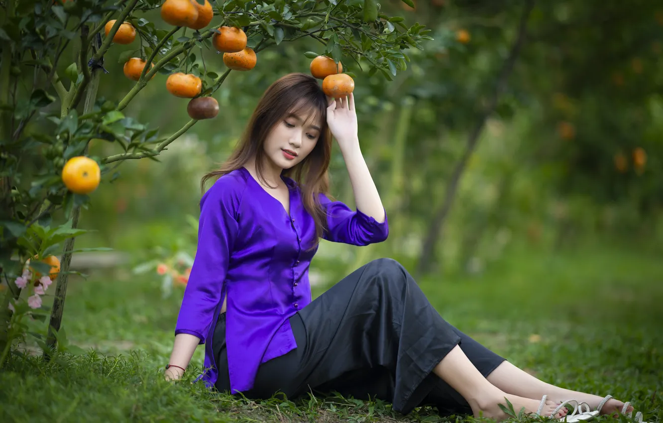 Photo wallpaper girl, nature, garden, Asian, in purple