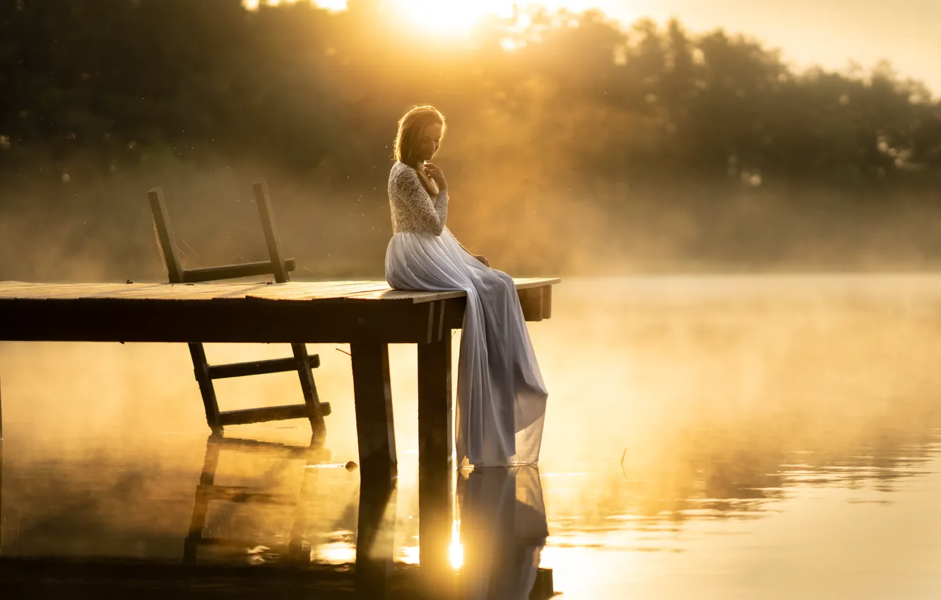 Photo wallpaper girl, bridge, fog, lake