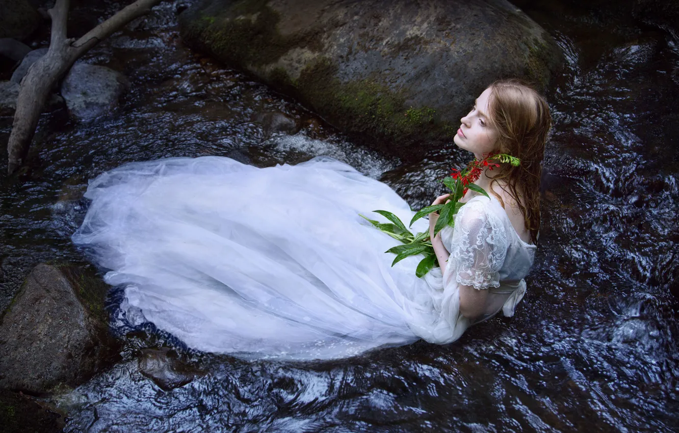 Photo wallpaper flower, girl, river, mood, the situation, dress