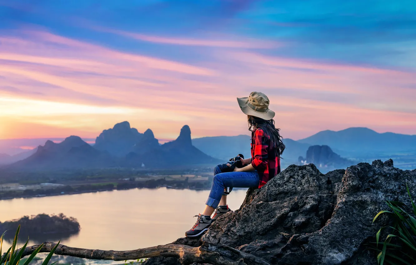 Photo wallpaper girl, mountains, nature, hat, pond