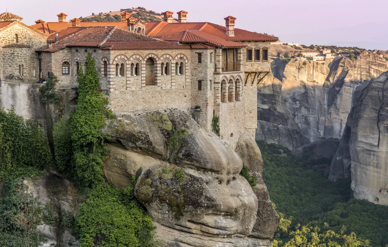 Photo wallpaper the city, rock, house, Greece, Meteora, The Monastery Of Varlaam
