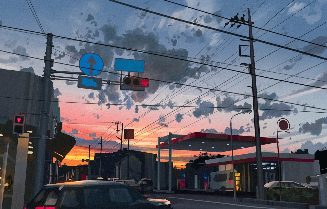 Photo wallpaper road, the sky, sunset, machine, shop, Gas stations
