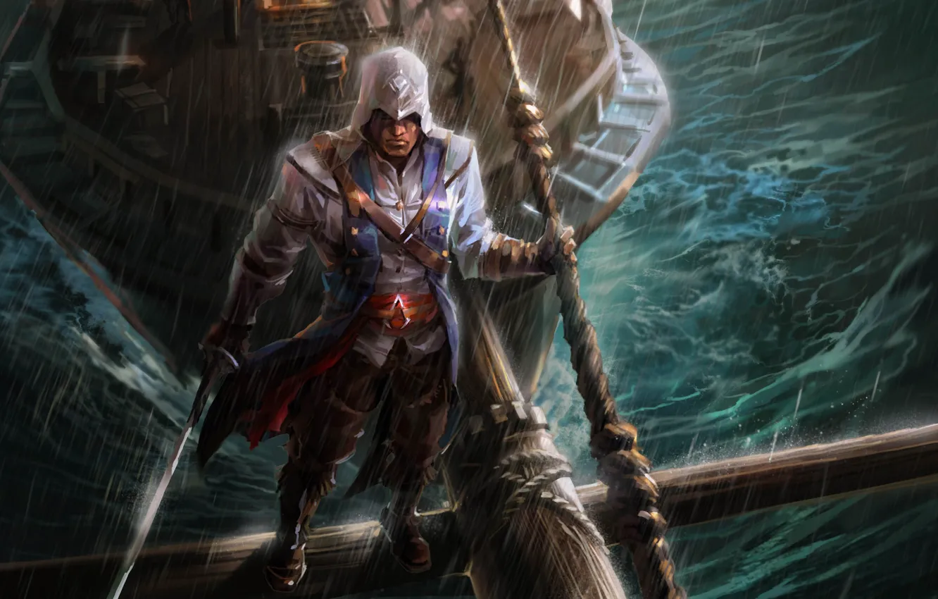 Photo wallpaper rain, ship, beams, hood, guy, saber, fan art, Assassin‘s Creed