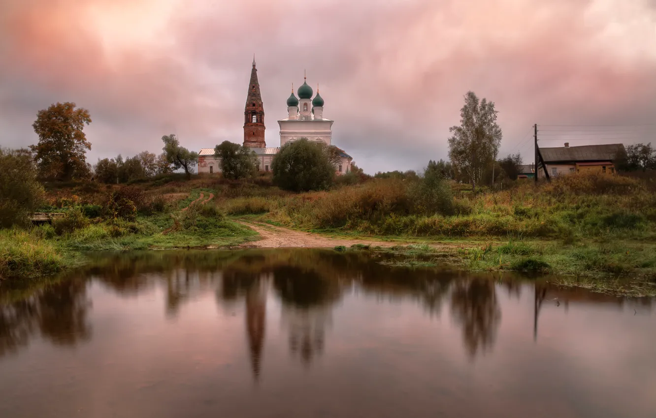 Photo wallpaper village, temple, somewhere in Russia