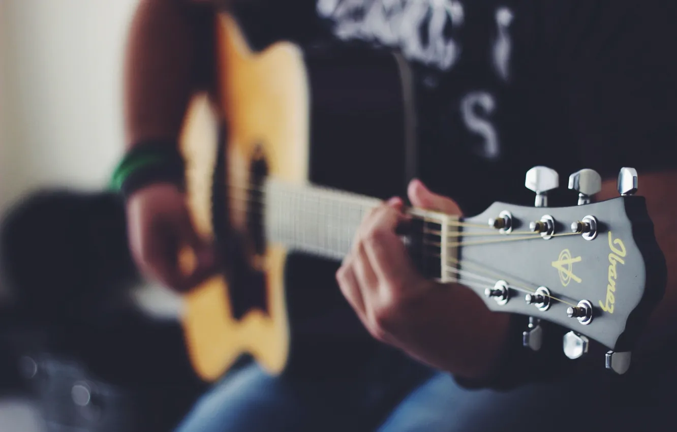Photo wallpaper guitar, strings, hands, plays, musical instrument
