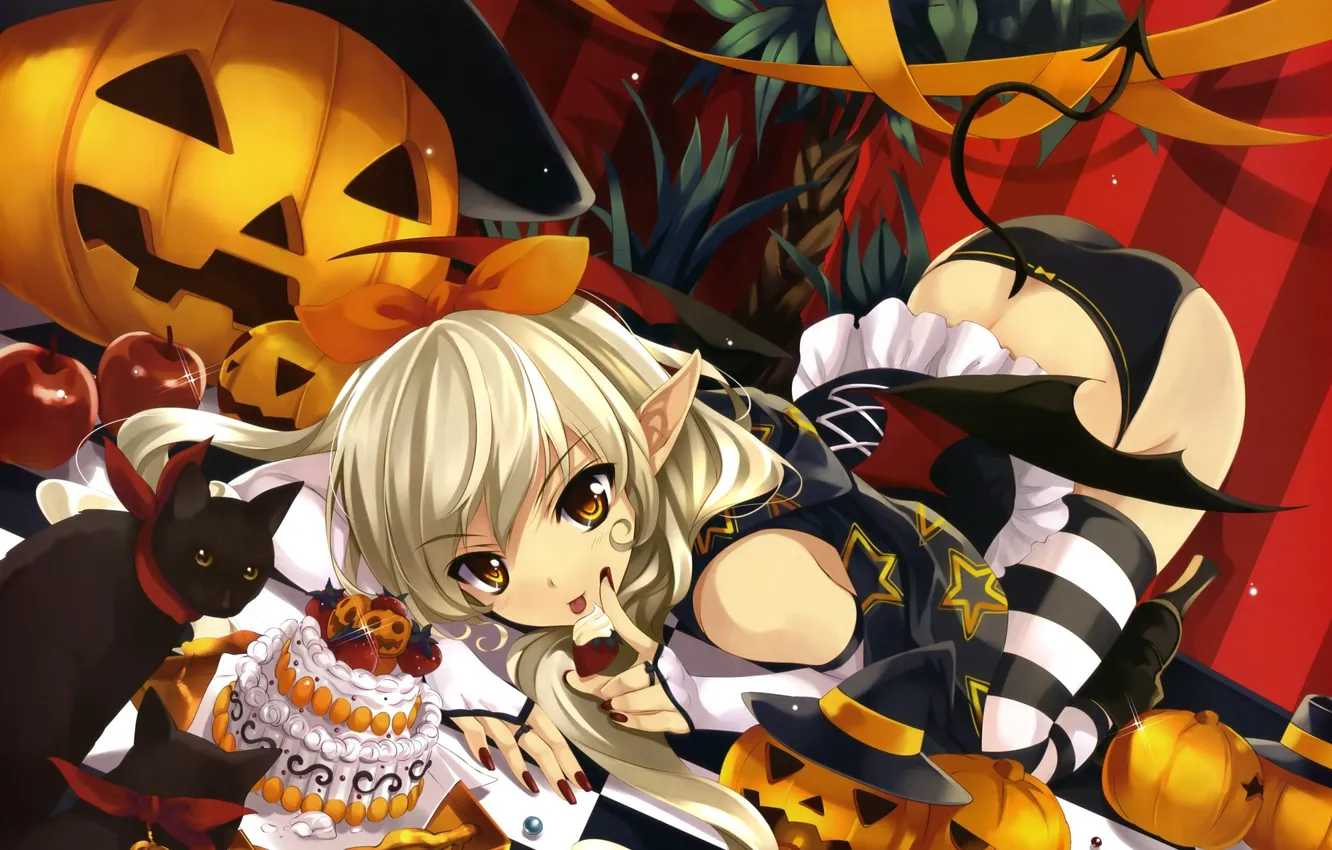 Photo wallpaper cake, Halloween, demoness, yummy, striped stockings, pumpkin evil, red apples, pumpkin with eyes