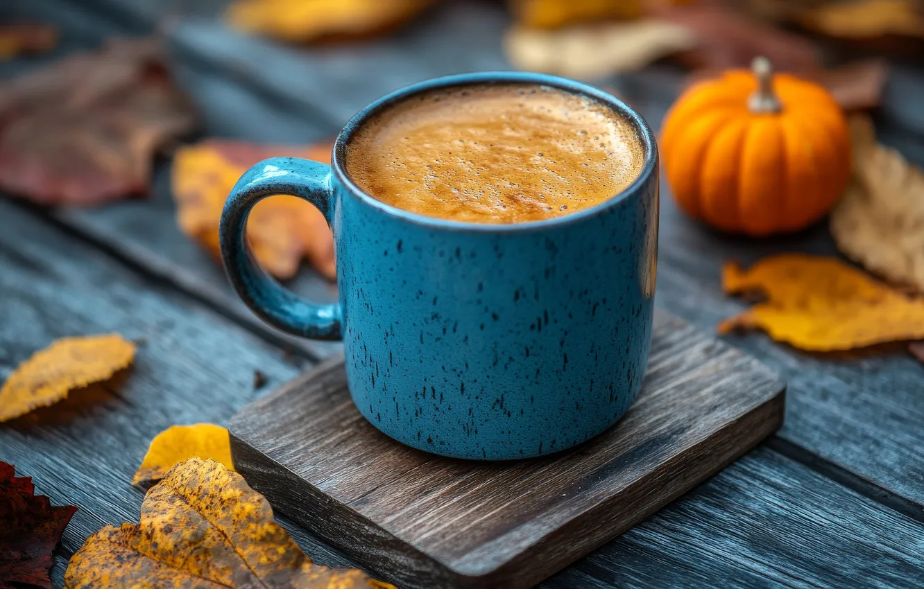 Photo wallpaper autumn, leaves, table, Board, coffee, Cup, AI art, cappuccino