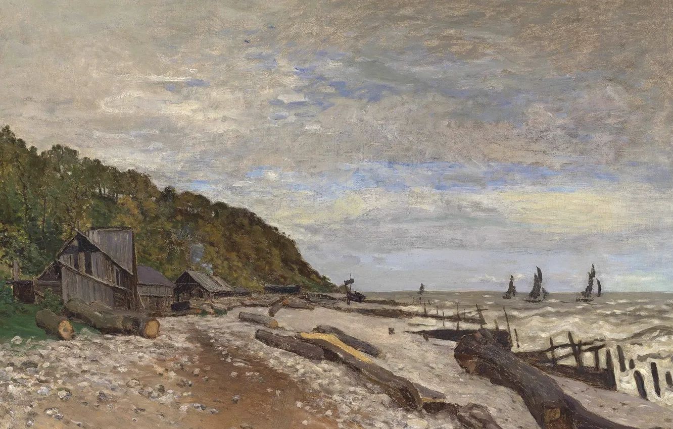 Photo wallpaper sea, landscape, shore, boat, picture, sail, Claude Monet, Boatyard near Honfleur