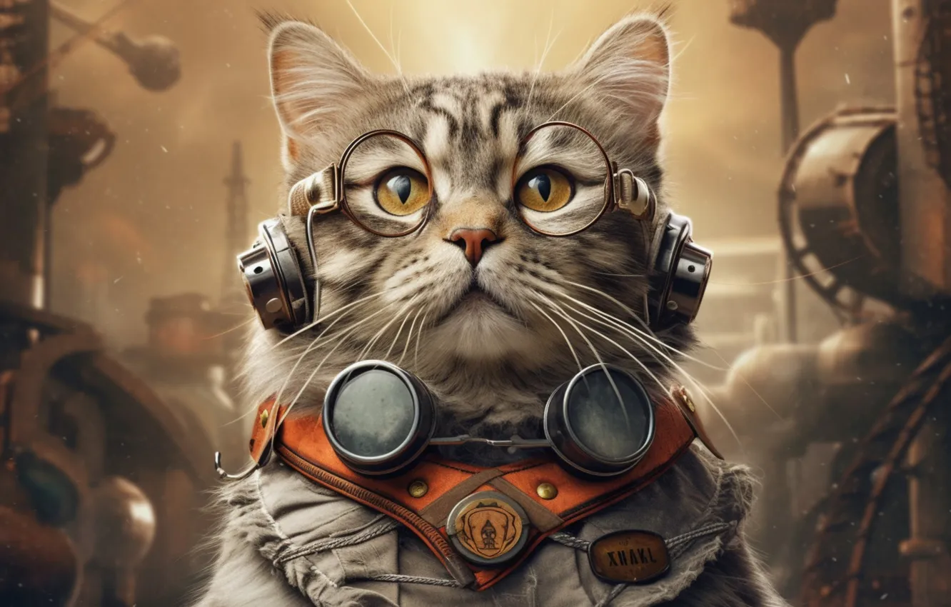 Photo wallpaper cat, cat, look, pose, grey, fantasy, mechanism, portrait