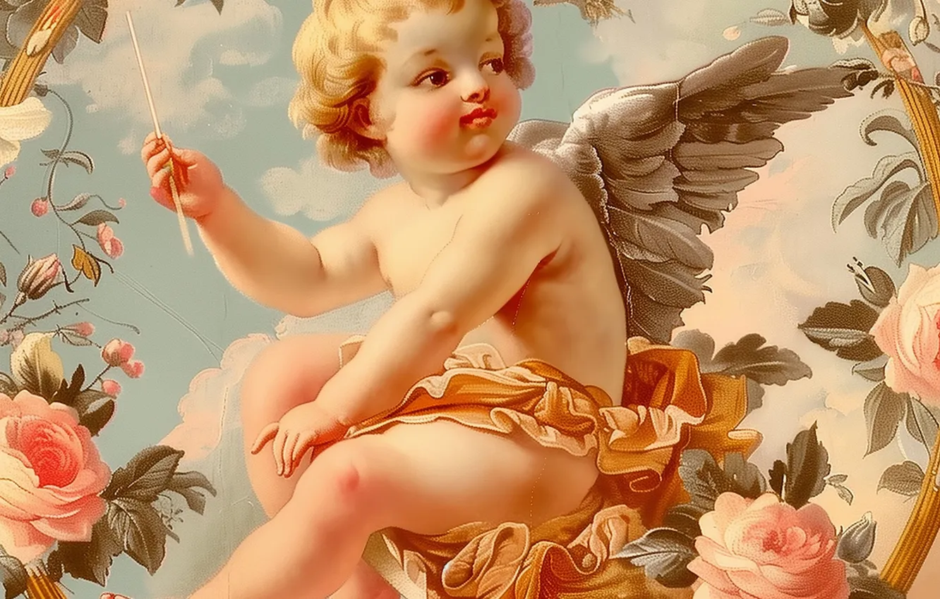 Photo wallpaper clouds, flowers, Cupid, wings, boy, arrows, Cupid, digital art