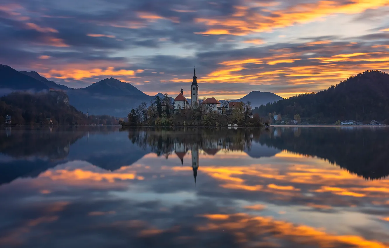 Photo wallpaper mountains, lake, reflection, dawn, island, morning, Slovenia, Lake Bled