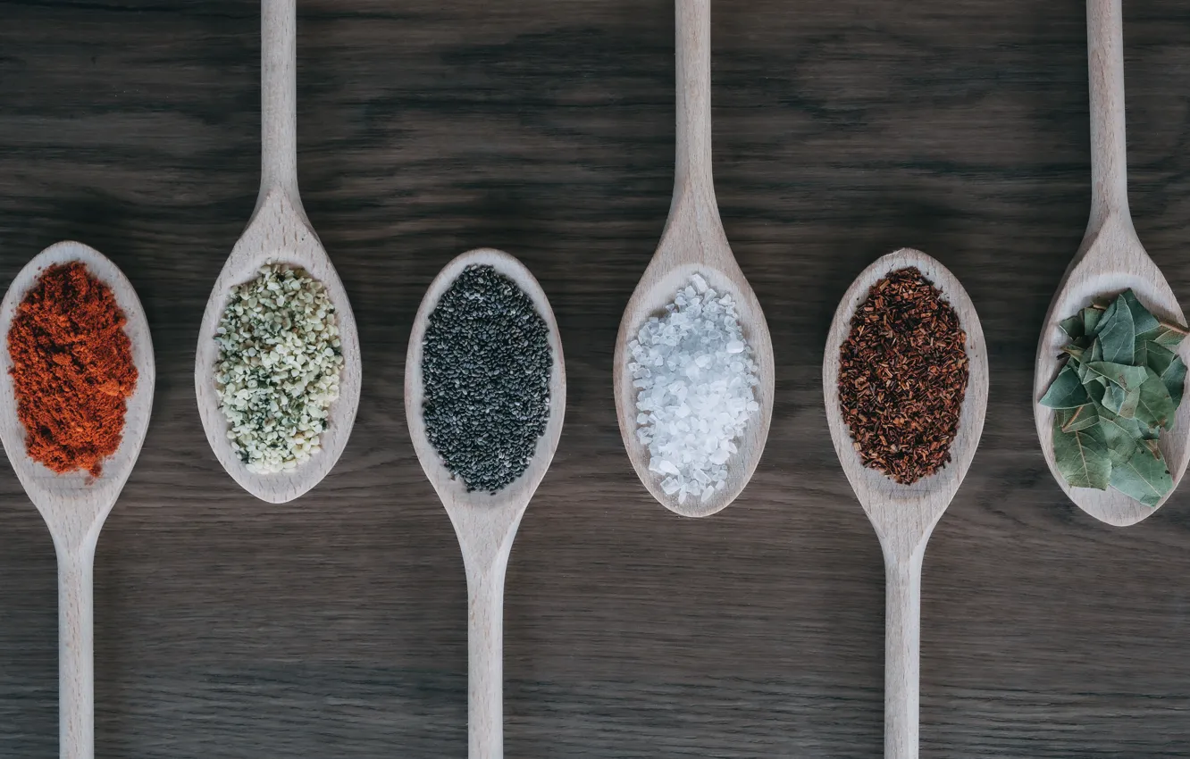 Photo wallpaper spoon, grey background, different, spices, seasoning
