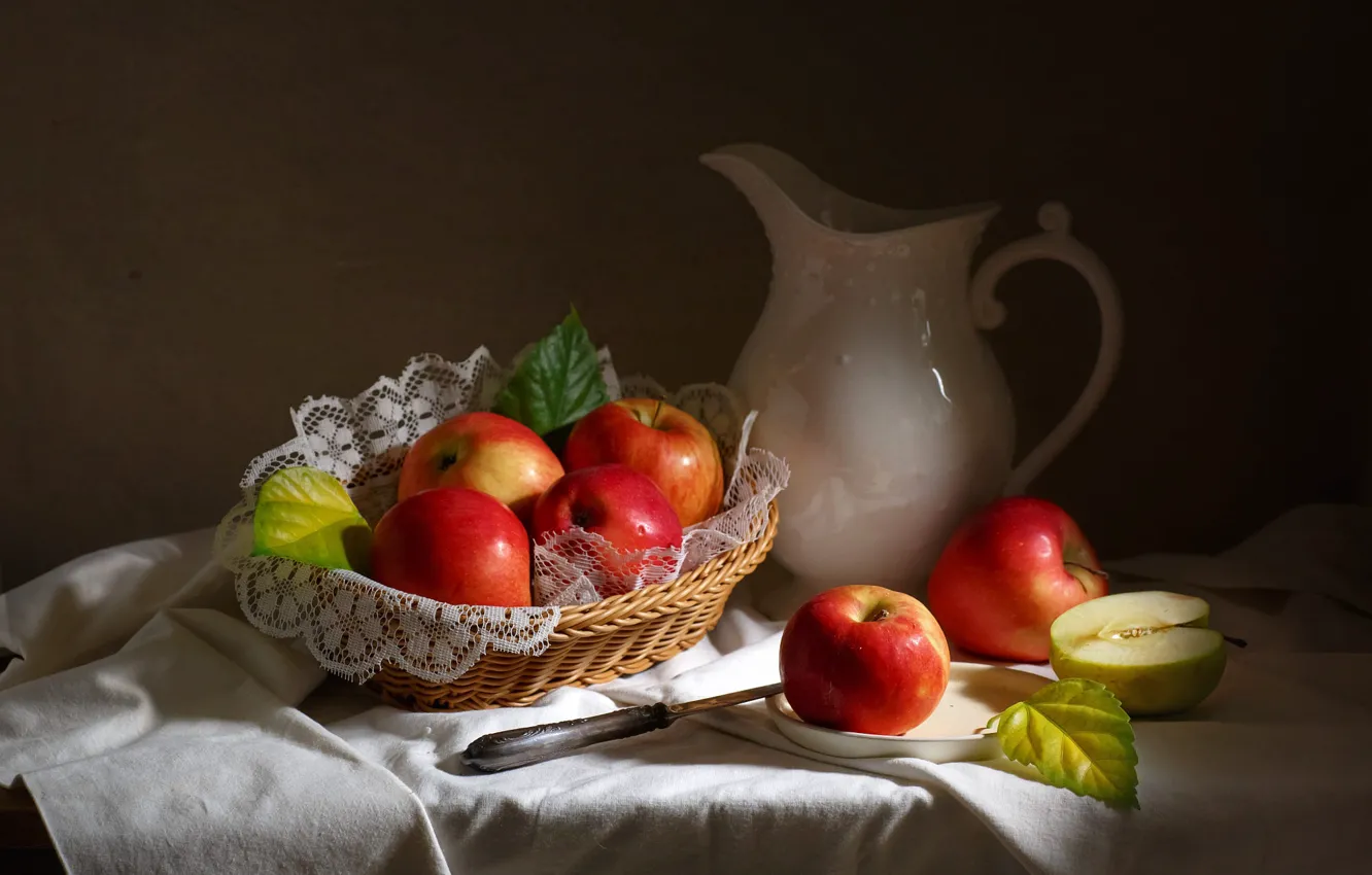 Photo wallpaper red, table, apples, knife, pitcher, still life, network, tablecloth
