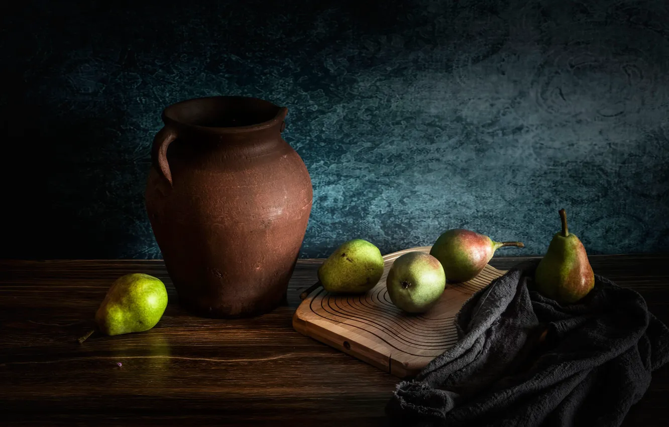 Photo wallpaper the dark background, table, fabric, pitcher, fruit, still life, pear, cutting Board
