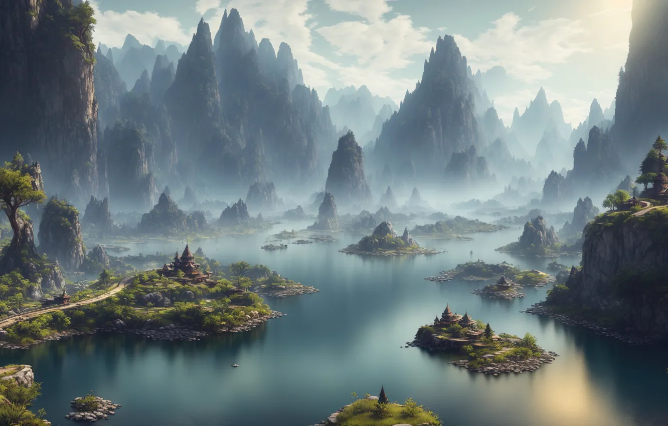 Photo wallpaper landscape, nature, art, lake, digital art, fantasy art, cliff, Mount