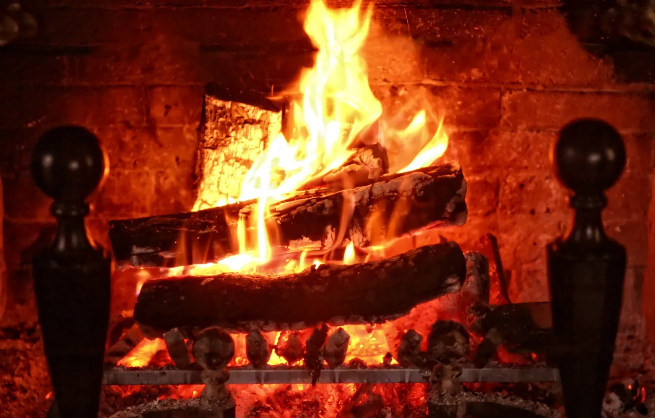 Photo wallpaper fire, flame, wood, fire, flame, fireplace, fireplace, flames
