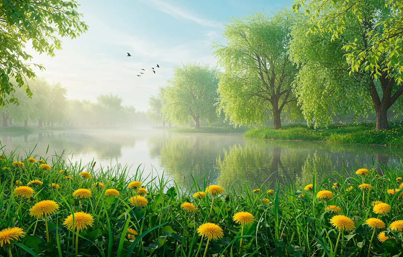 Photo wallpaper the sky, grass, water, pond, dandelion, serenity, spring, haze
