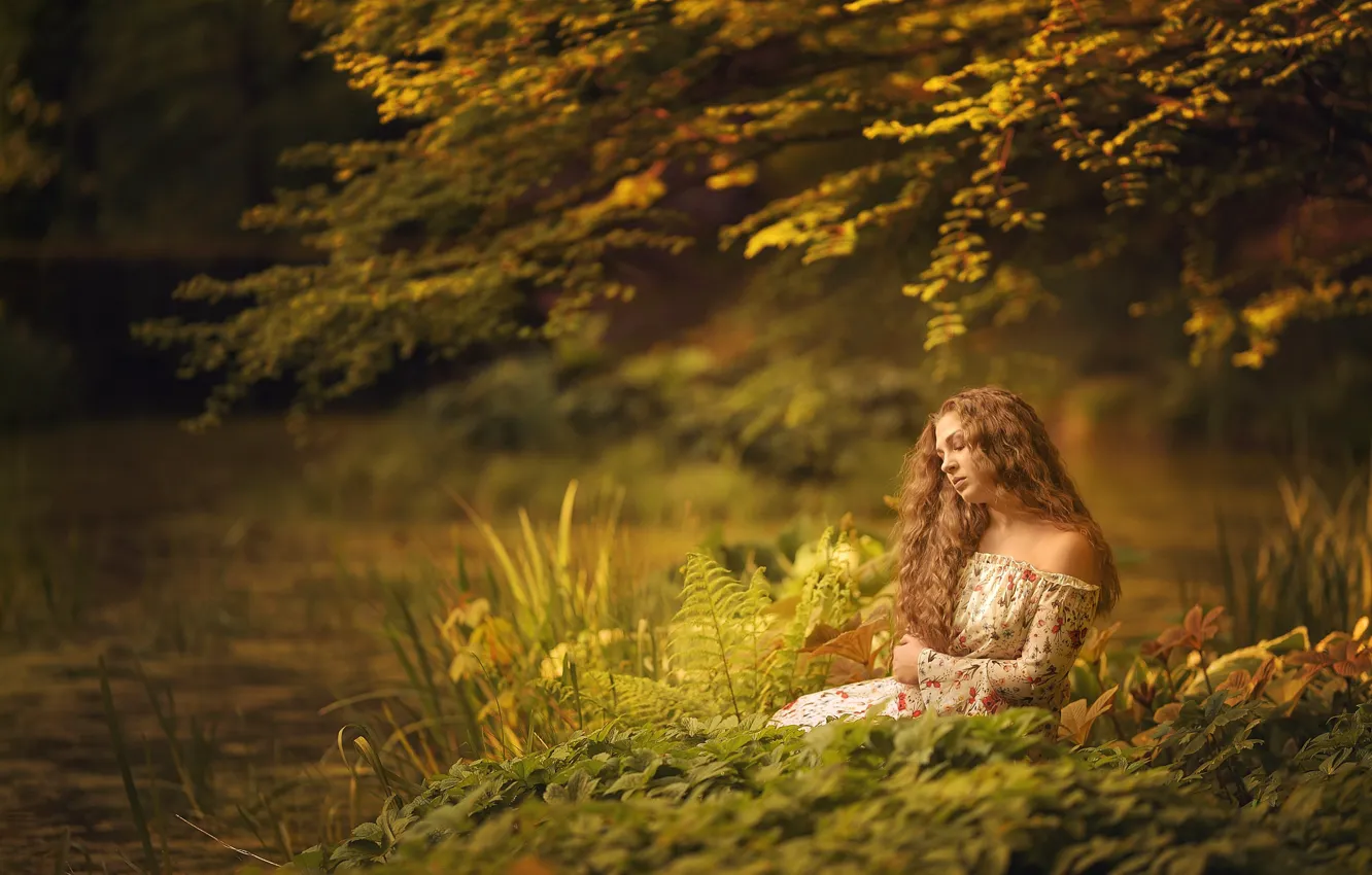Photo wallpaper forest, grass, trees, branches, pose, pond, model, portrait