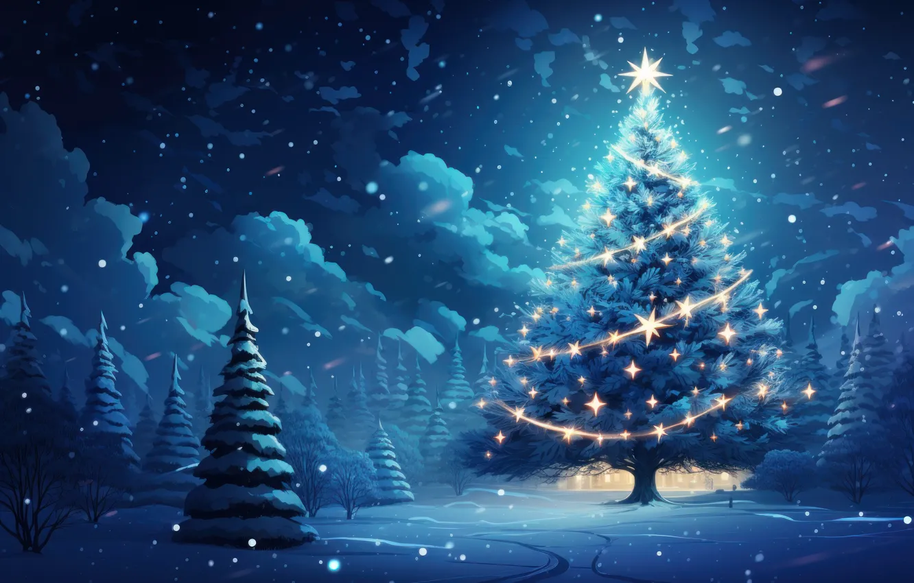 Photo wallpaper winter, snow, night, the dark background, tree, new year, Christmas, herringbone