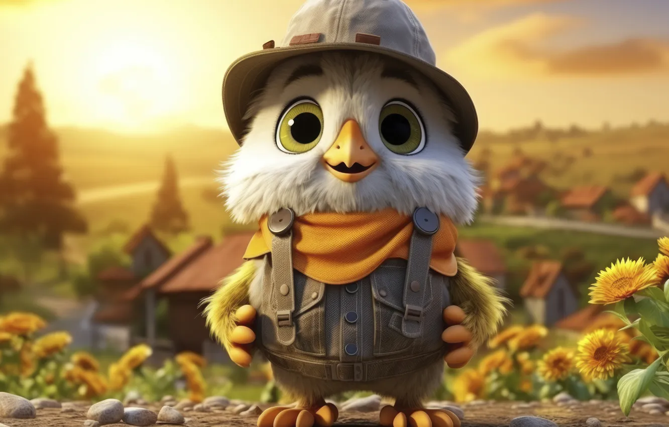 Photo wallpaper bird, view, cartoon, three, animated, dimensional