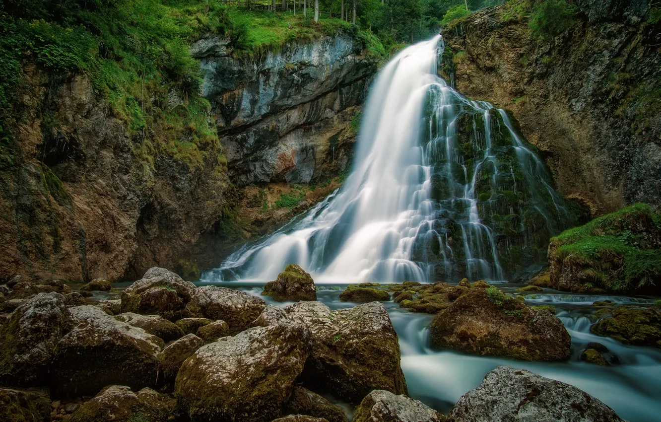 Photo wallpaper waterfall, stones, water, moss, stream
