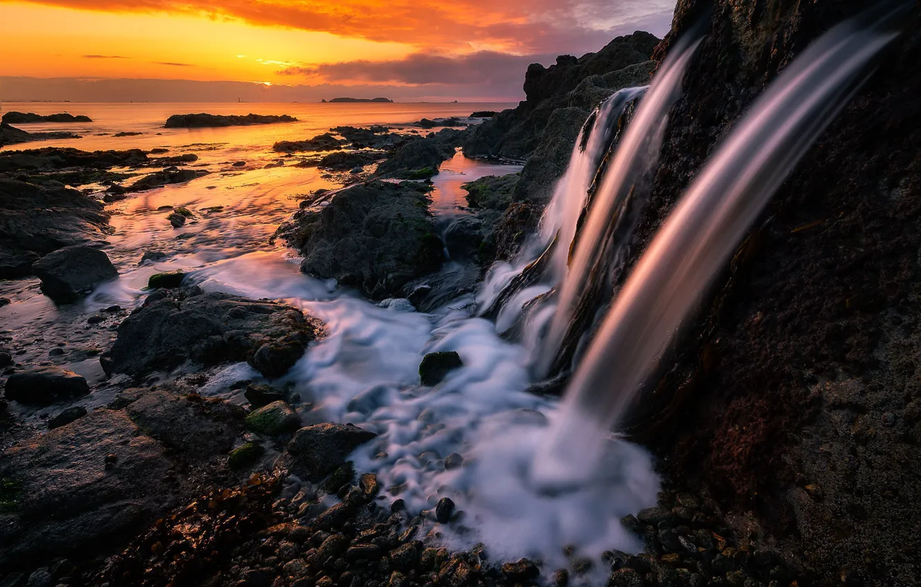Photo wallpaper the sky, sunset, stones, rocks, waterfall