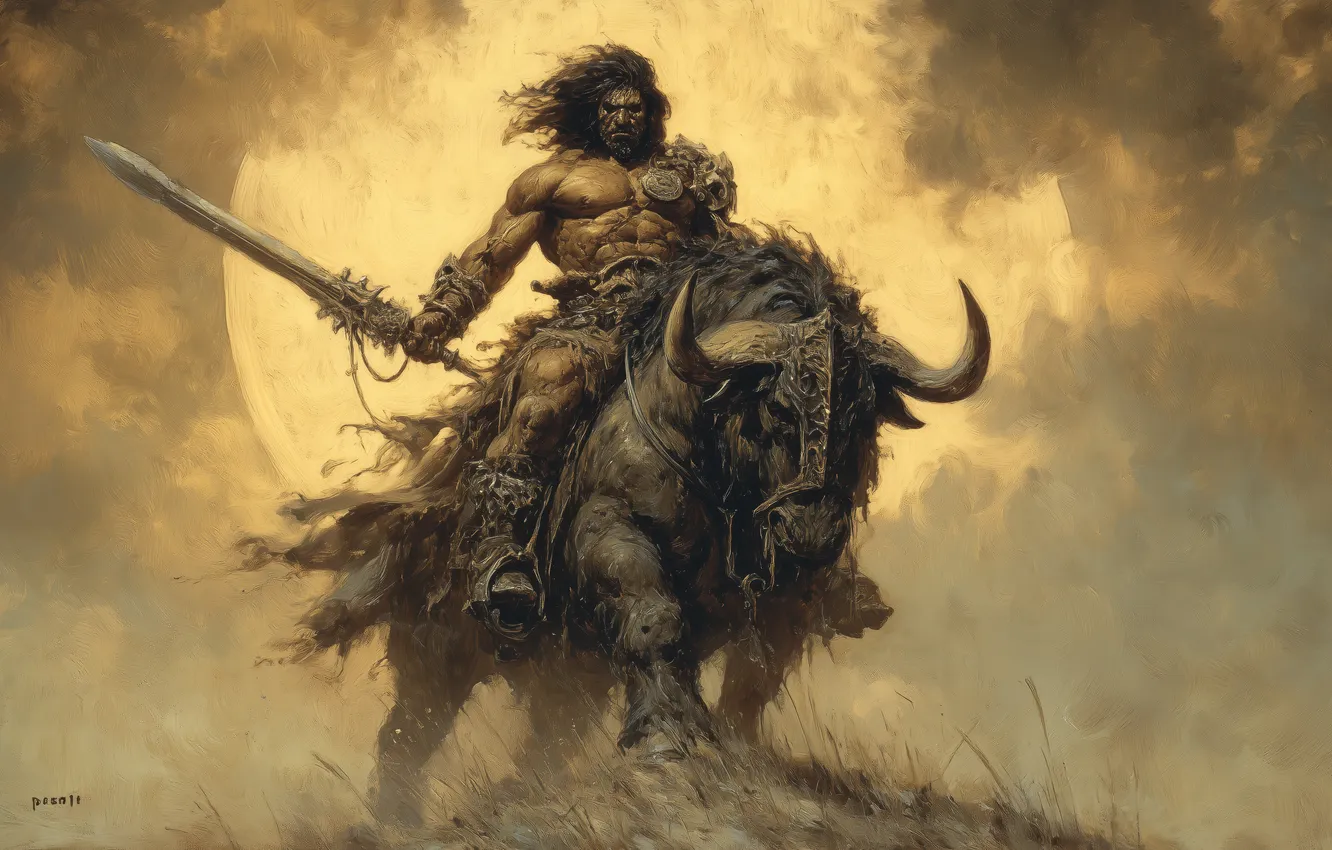 Photo wallpaper sword, horns, fantasy art, Illustration, Barbarian, oil painting, AI Art