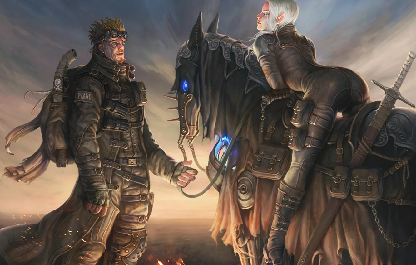 Photo wallpaper girl, lights, weapons, traveler, art, sparks, male, equipment