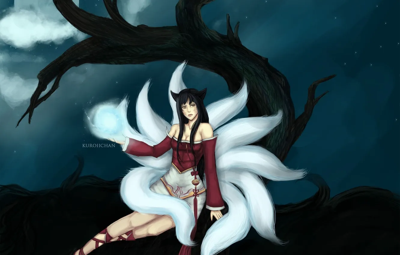 Photo wallpaper look, girl, trees, night, magic, the full moon, art, Fox