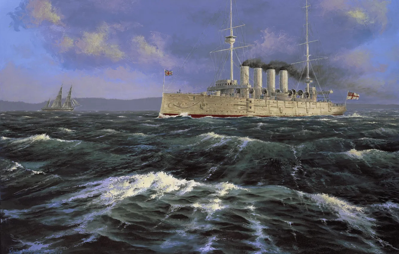 Photo wallpaper sea, wave, dawn, shore, sailboat, art, cruiser, armored