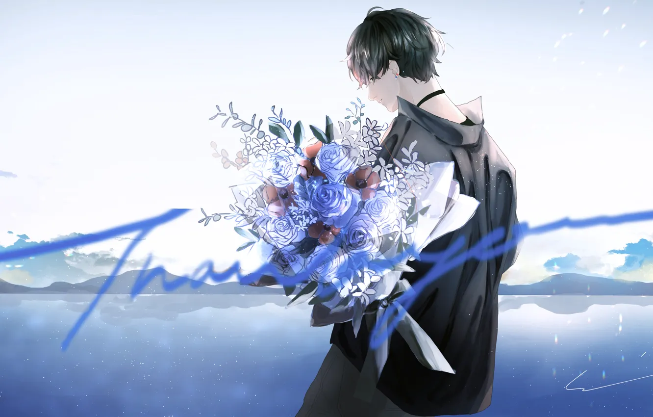Photo wallpaper the sky, flowers, roses, bouquet, guy, by 世
