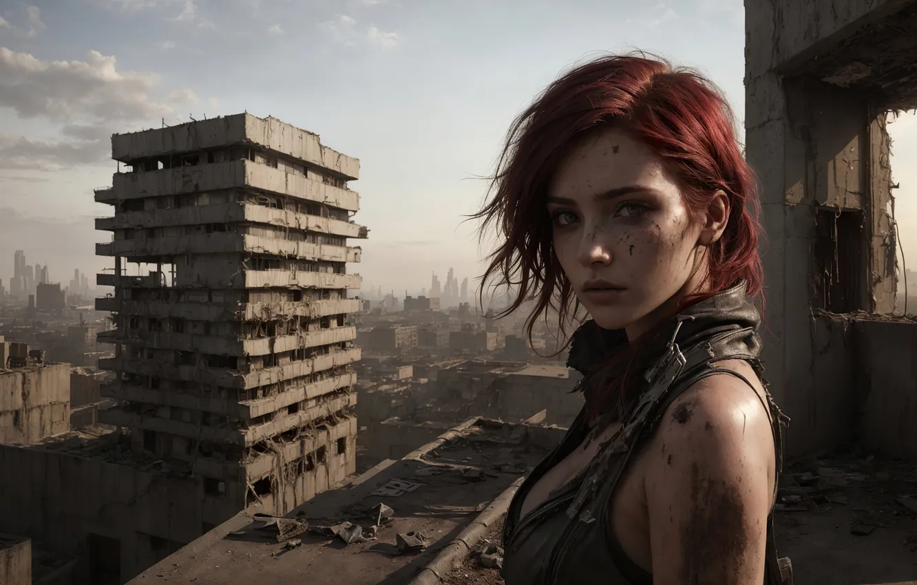 Photo wallpaper city, girl, art, survivor, digital art, fantasy art, abandoned, Desolation