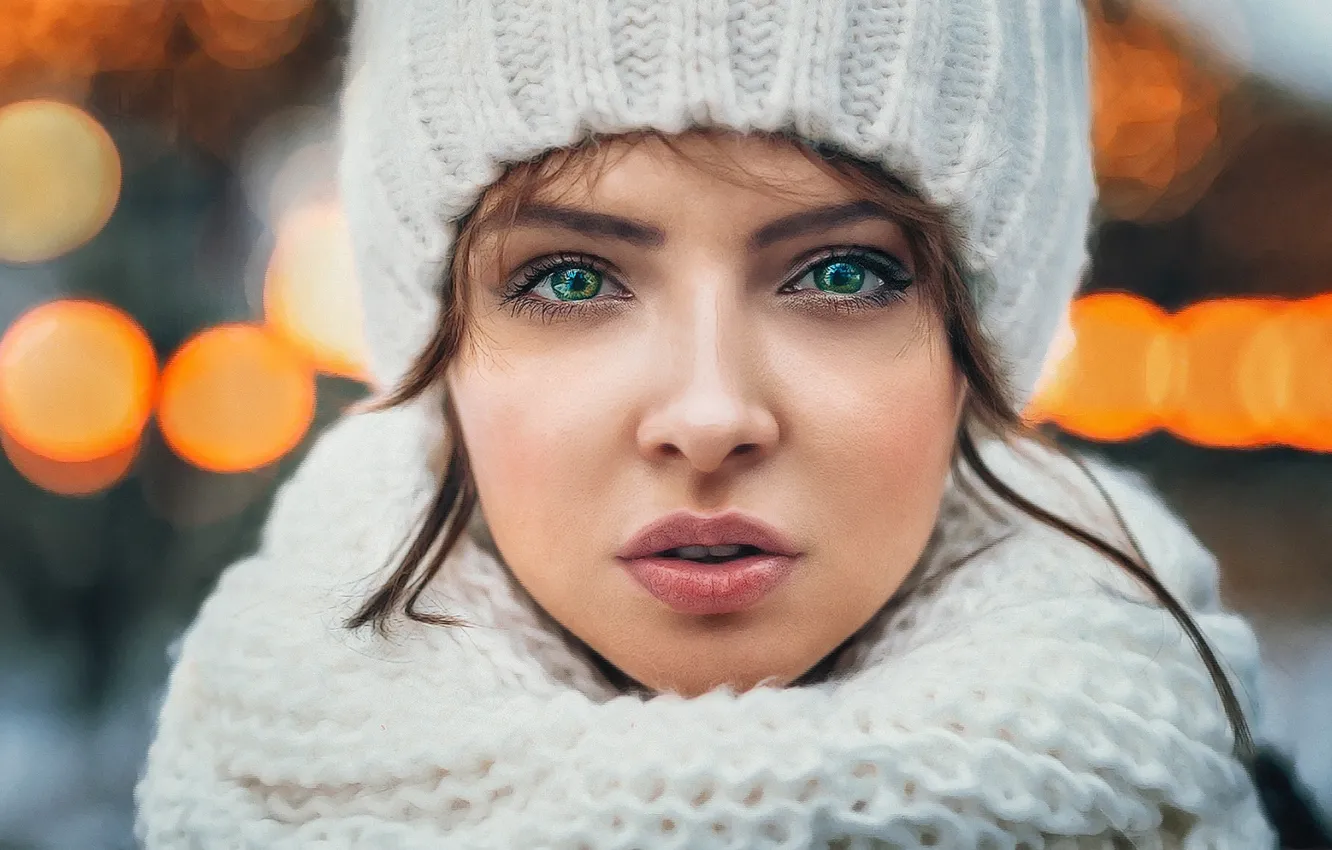 Photo wallpaper winter, eyes, look, girl, hat, portrait, scarf, cold