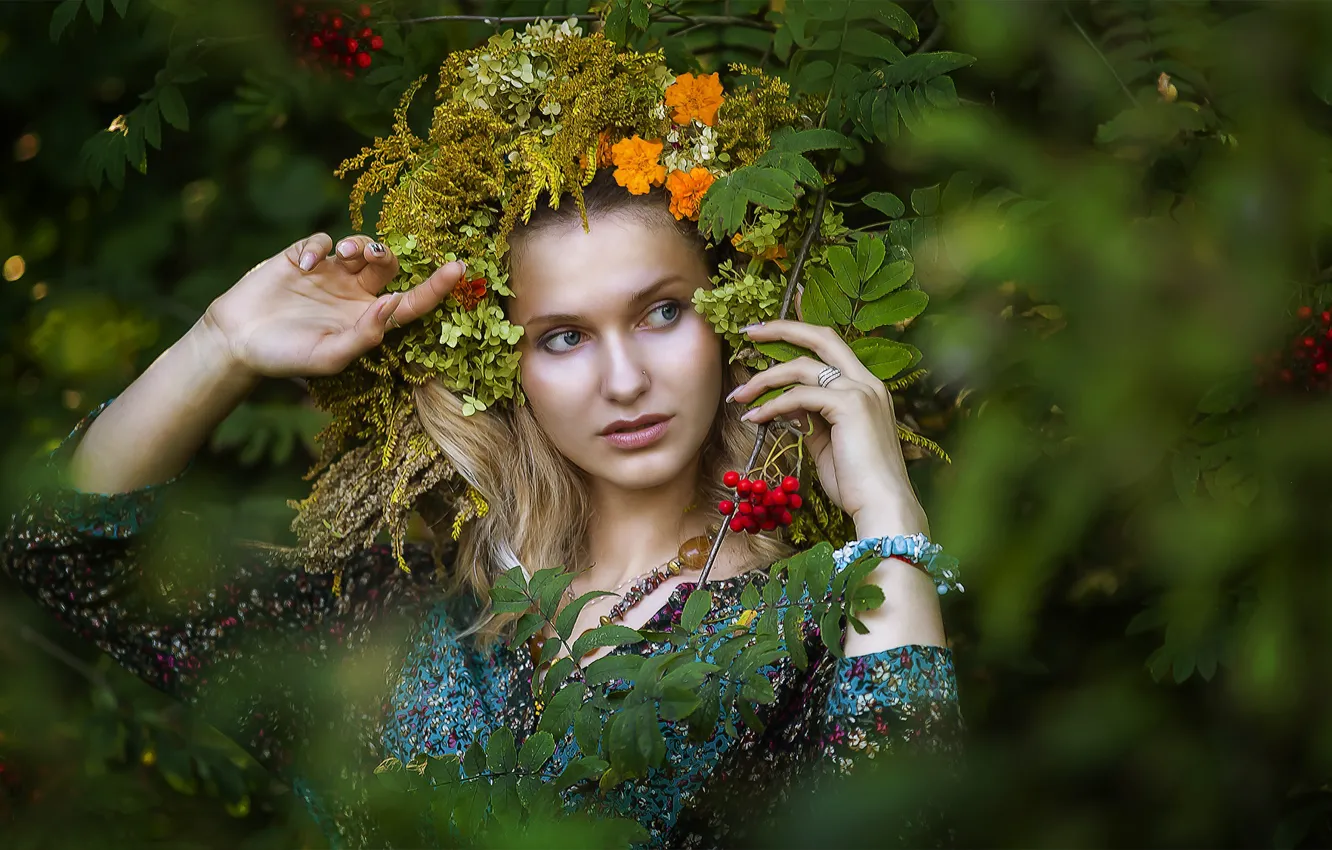 Photo wallpaper summer, grass, look, girl, flowers, nature, makeup, blonde