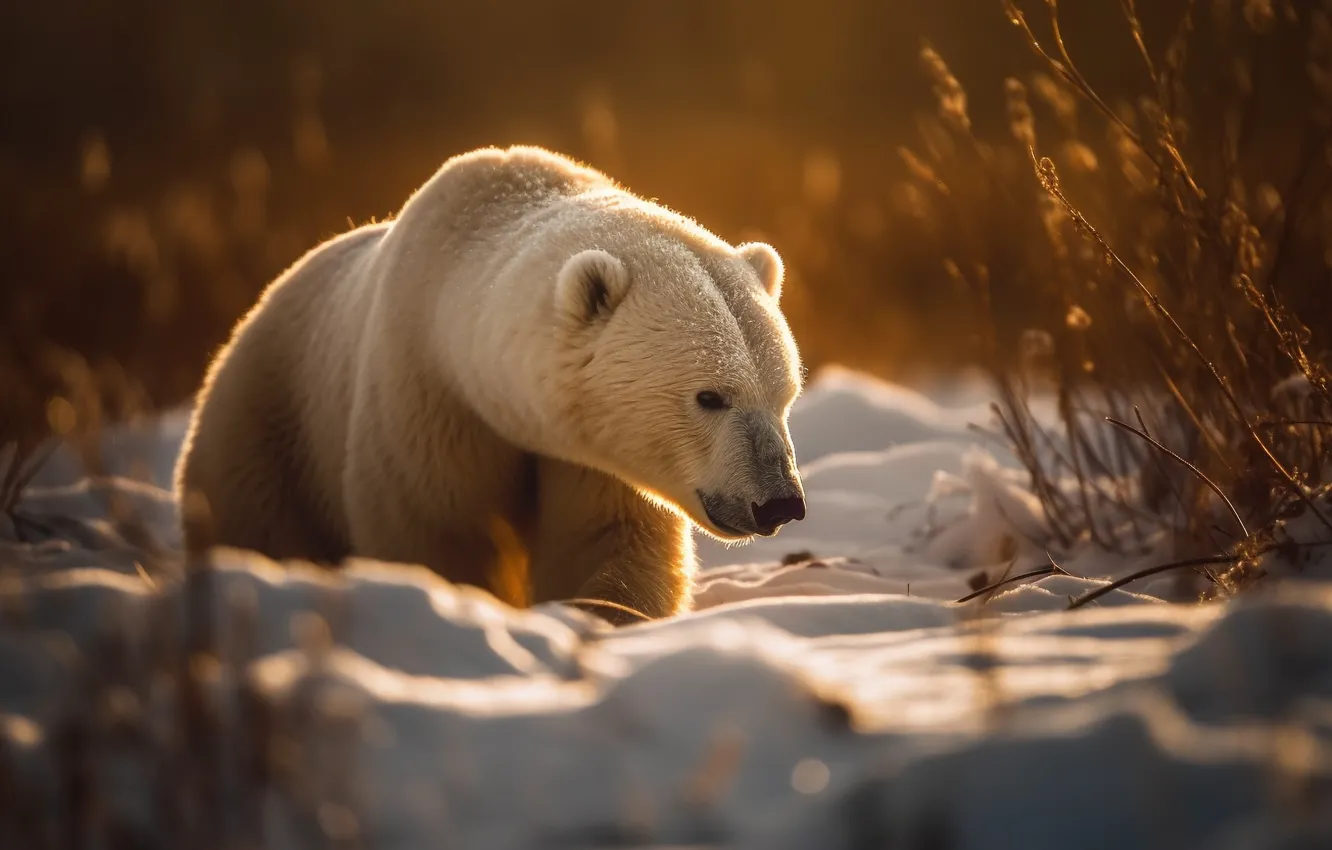 Photo wallpaper winter, light, snow, branches, the snow, polar bear, digital art, AI art