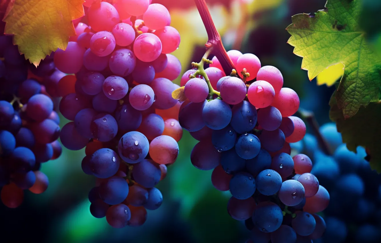 Photo wallpaper leaves, nature, harvest, grapes, vineyard, hanging, bunches of grapes, bunch of grapes