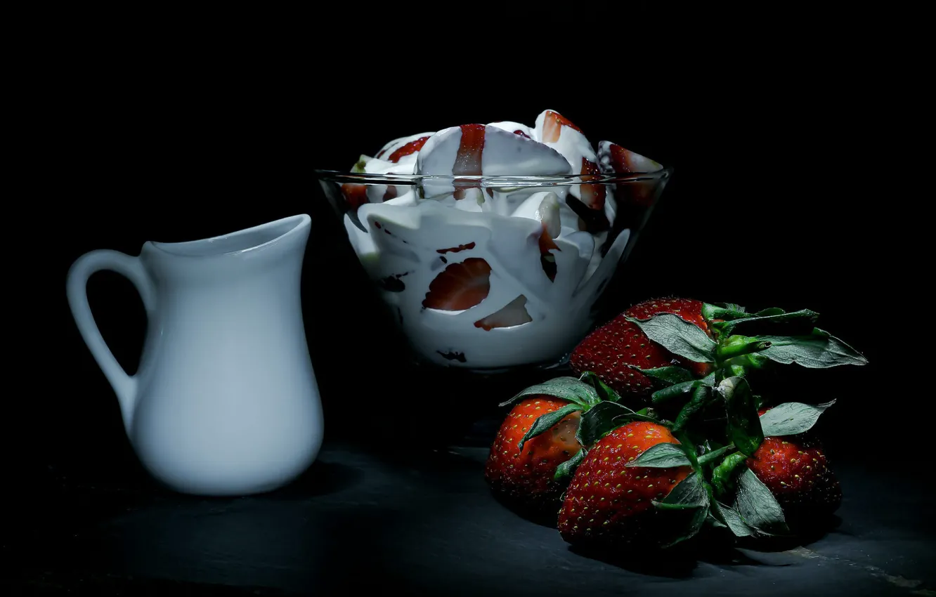 Photo wallpaper light, berries, food, strawberry, bowl, pitcher, black background, dessert