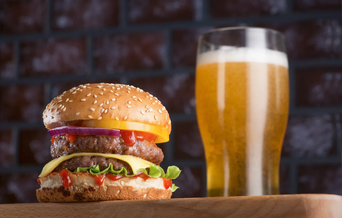 Photo wallpaper glass, beer, hamburger, Maxim Chikunov, double burger