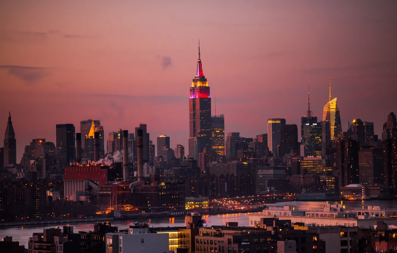 Photo wallpaper city, lights, USA, river, sunset, night, New York, Manhattan