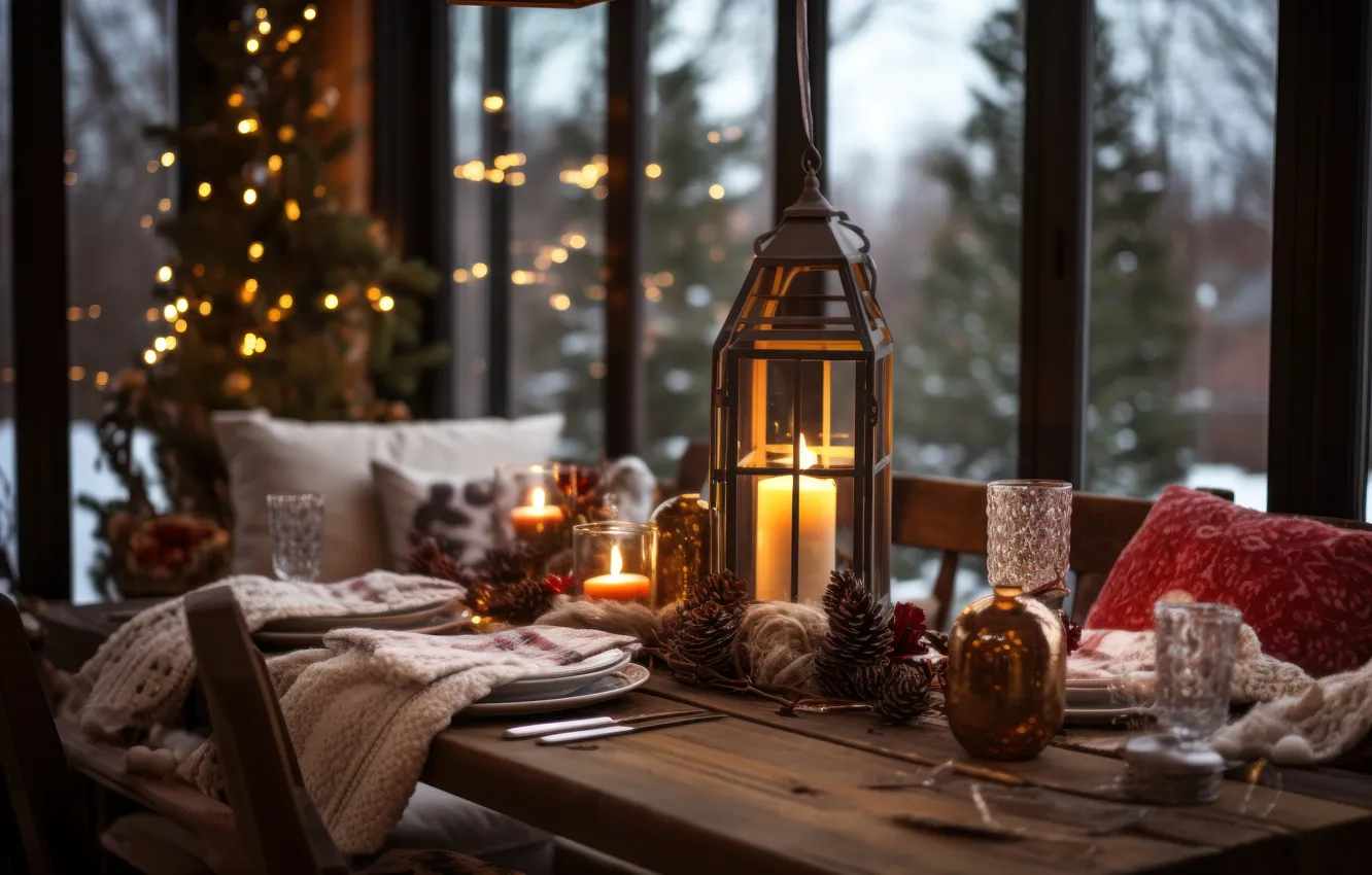 Photo wallpaper winter, snow, comfort, table, new year, candles, Christmas, lights