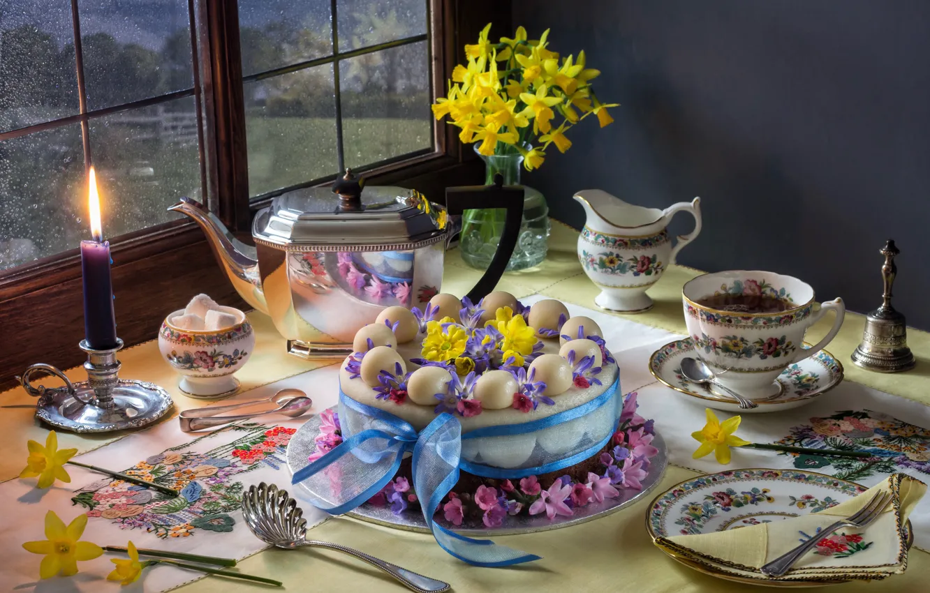 Photo wallpaper flowers, tea, candle, bouquet, kettle, plate, Easter, the tea party