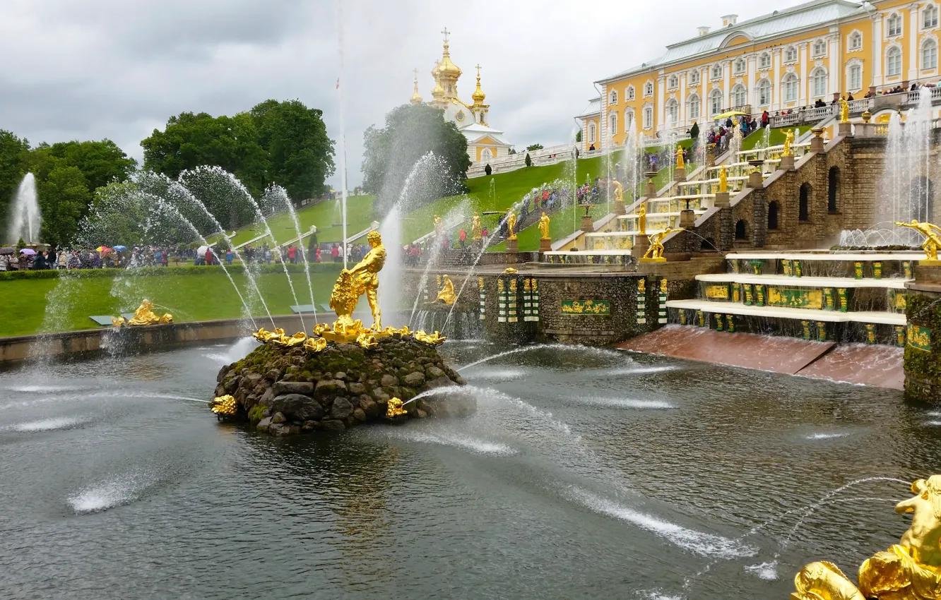 Photo wallpaper summer, fountains, Palace, sculpture, tourists, Peterhof