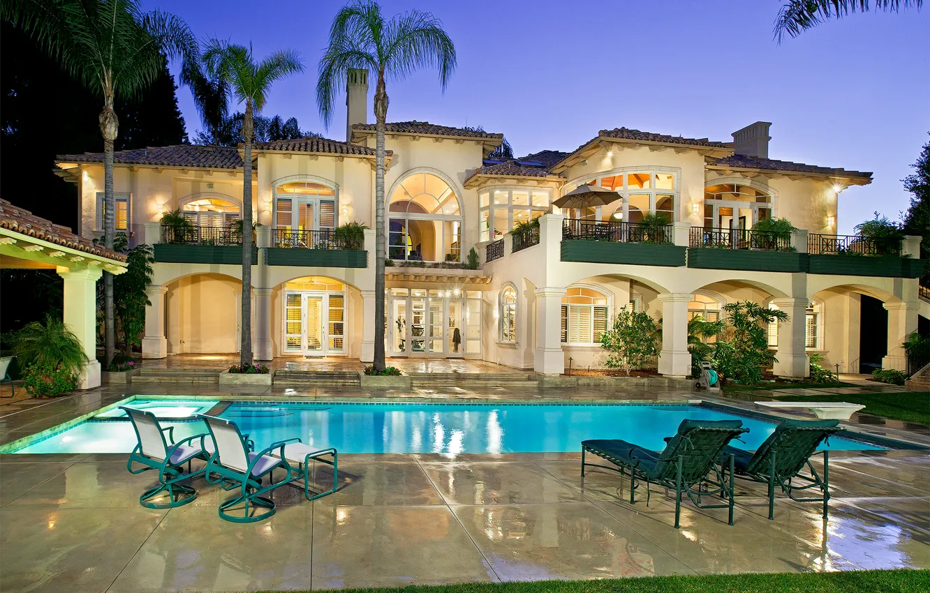 Photo wallpaper palm trees, the evening, pool, architecture, terrace, ranch, santa fe, rancho