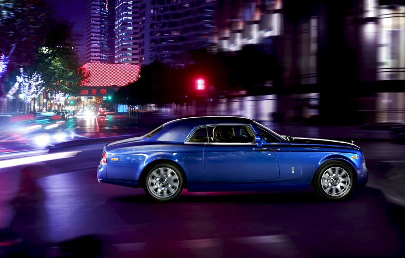 Photo wallpaper Auto, Road, Night, Blue, The city, Rolls-Royce, Phantom, Machine