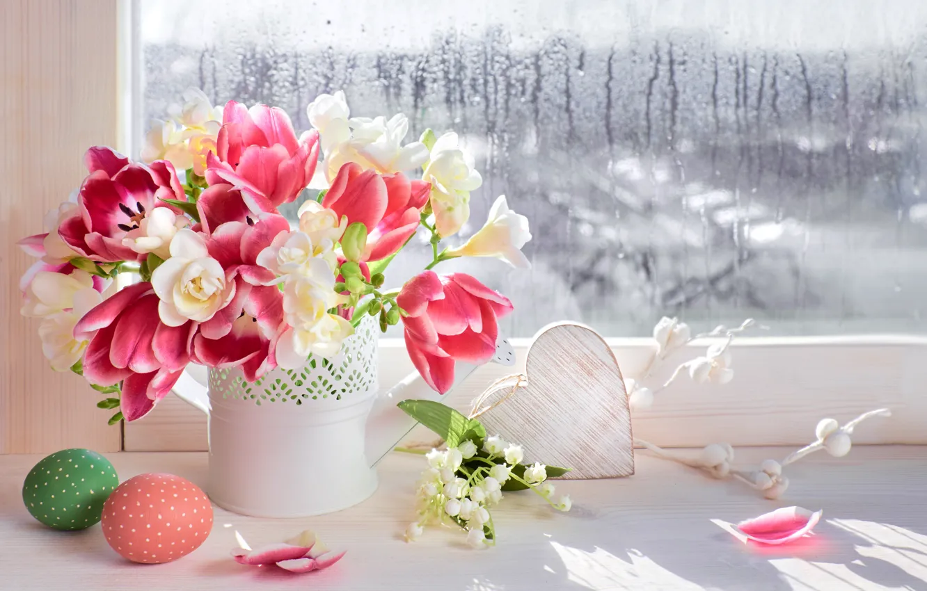 Photo wallpaper flowers, eggs, spring, colorful, Easter, tulips, happy, pink