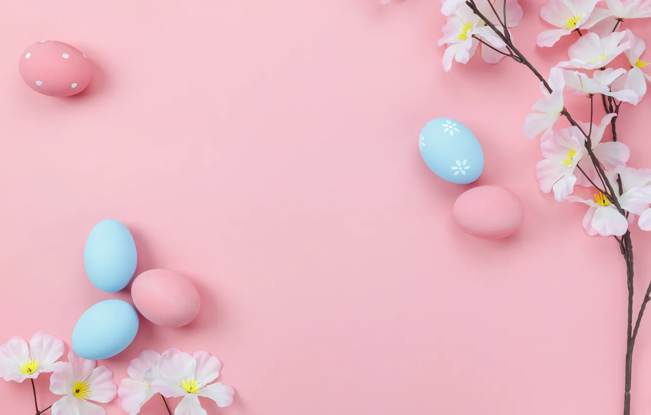 Photo wallpaper flowers, background, pink, eggs, spring, Easter, wood, pink