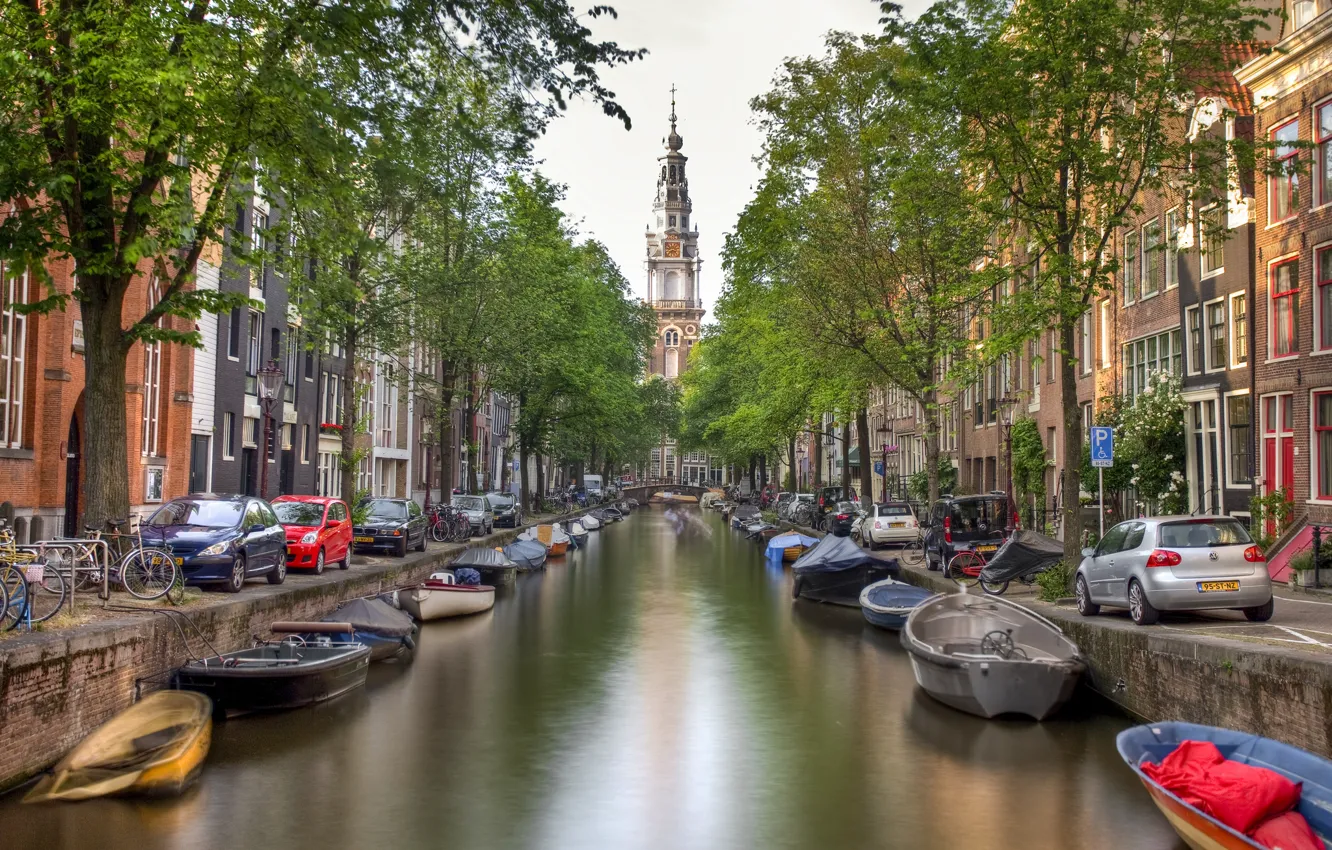 Photo wallpaper machine, water, trees, bridge, bike, the city, river, boat