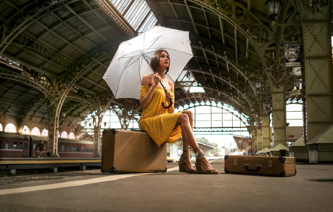 Photo wallpaper look, girl, pose, station, umbrella, dress, Antipin, Denis