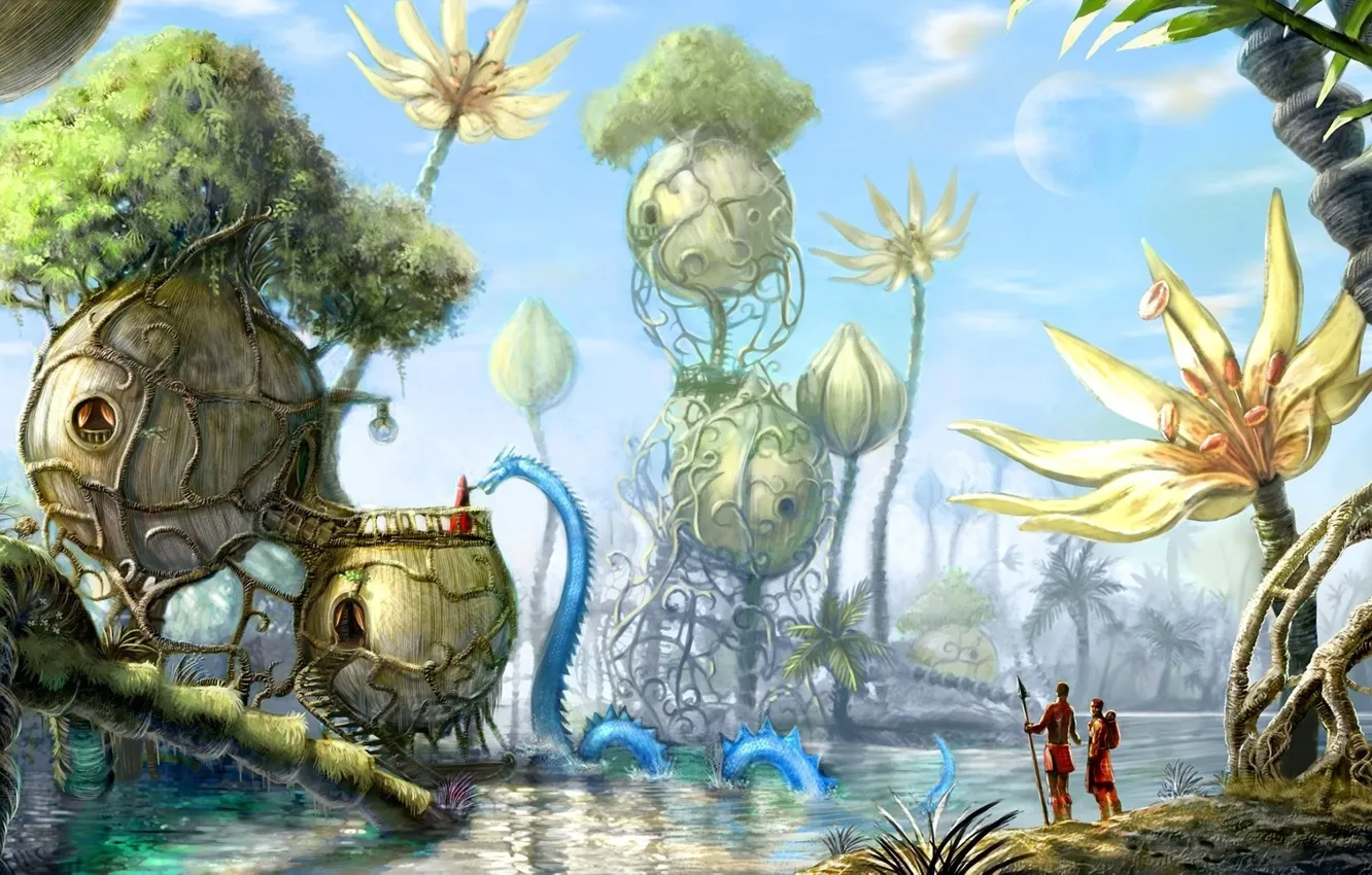 Photo wallpaper trees, flowers, river, fiction, plant, snake, art, quirkiness